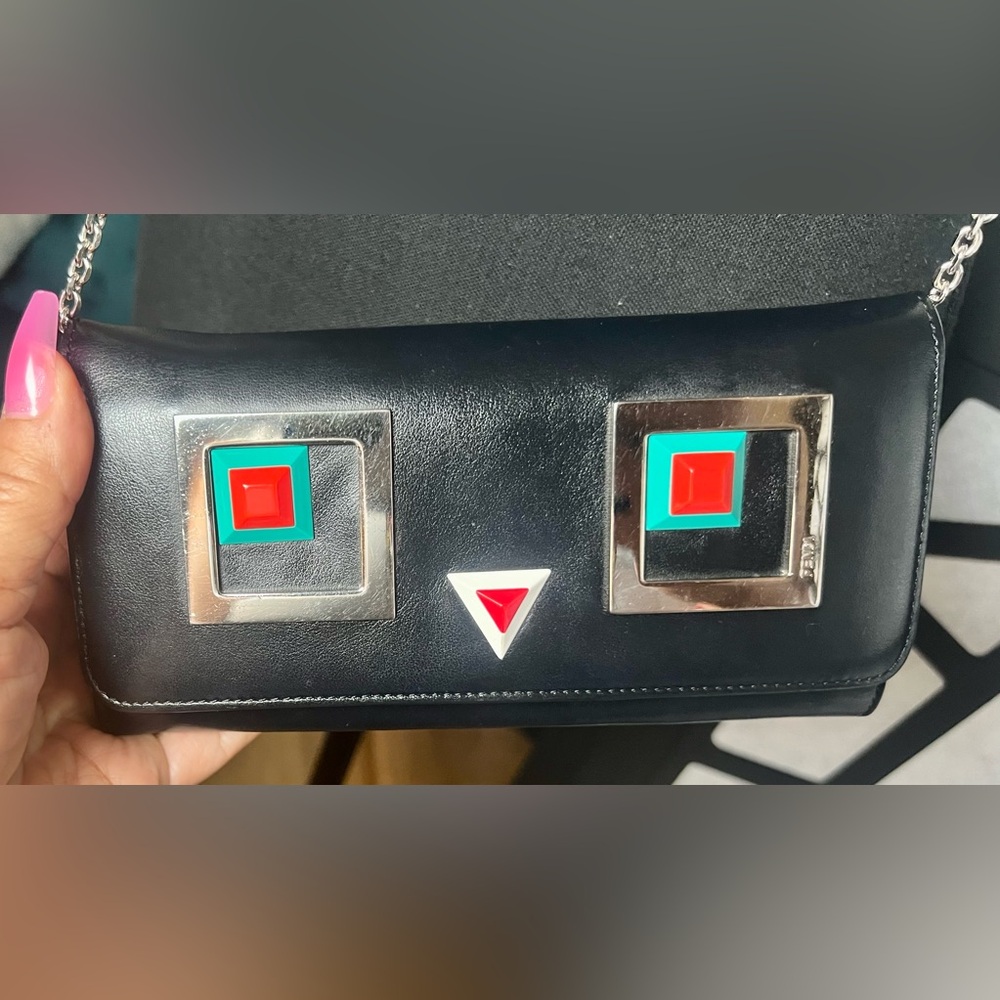 Black Leather Fendi Hypnoteyes WOC. 3D square eyes & Silver-tone chain w/COA